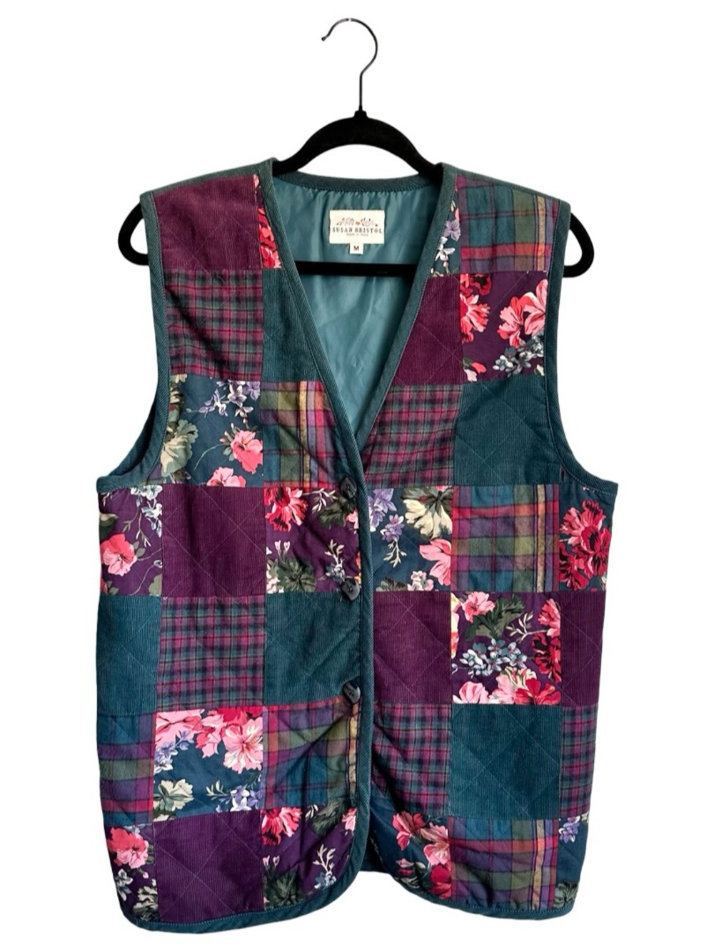 Susan Bristol Teal Floral Corduroy Quilted Patchwork Vest Medium Cottagecore